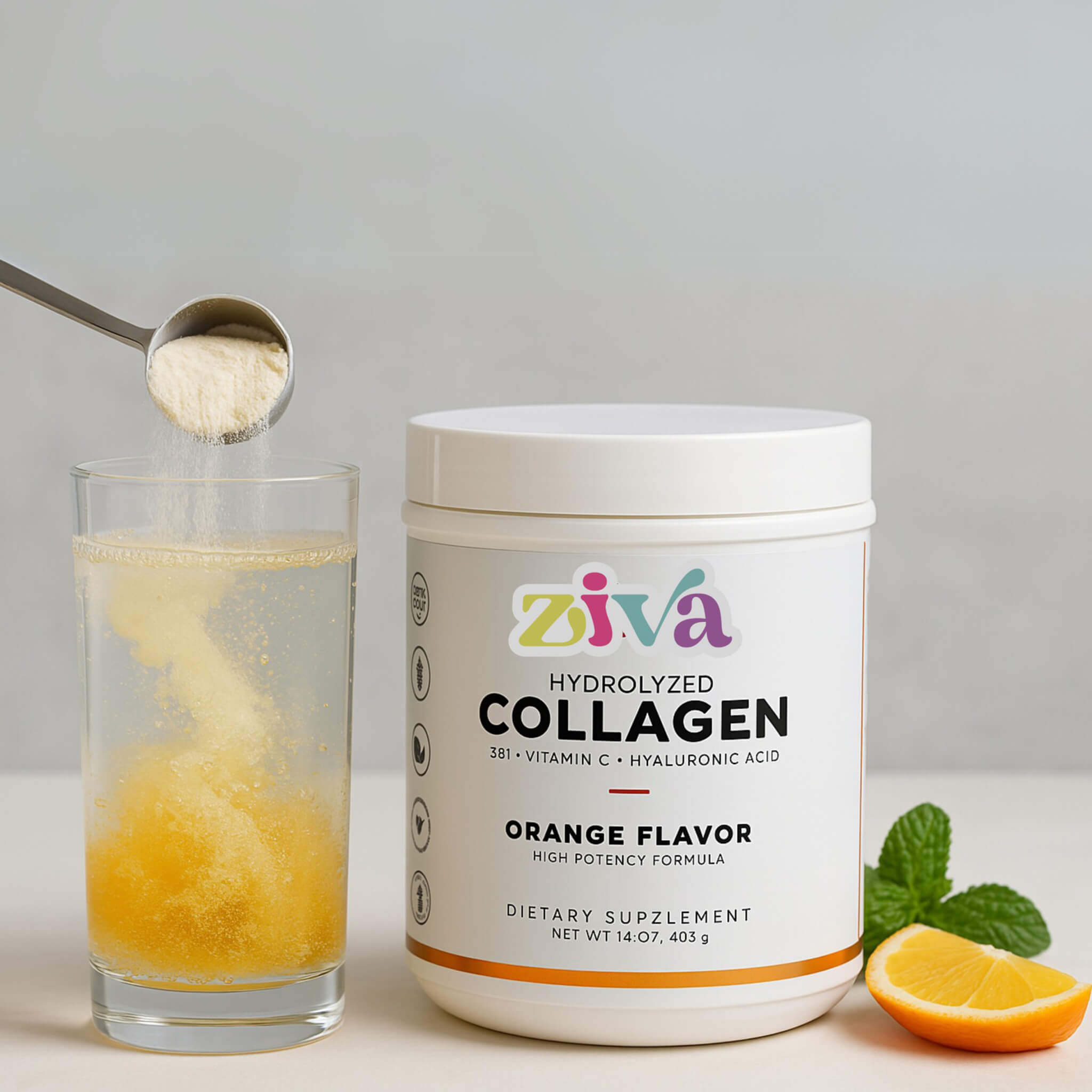Image of Ziva Hydrolyzed Collagen – Orange Flavor | With Vitamin C & Hyaluronic Acid | High Potency | Dairy-Free, Gluten-Free