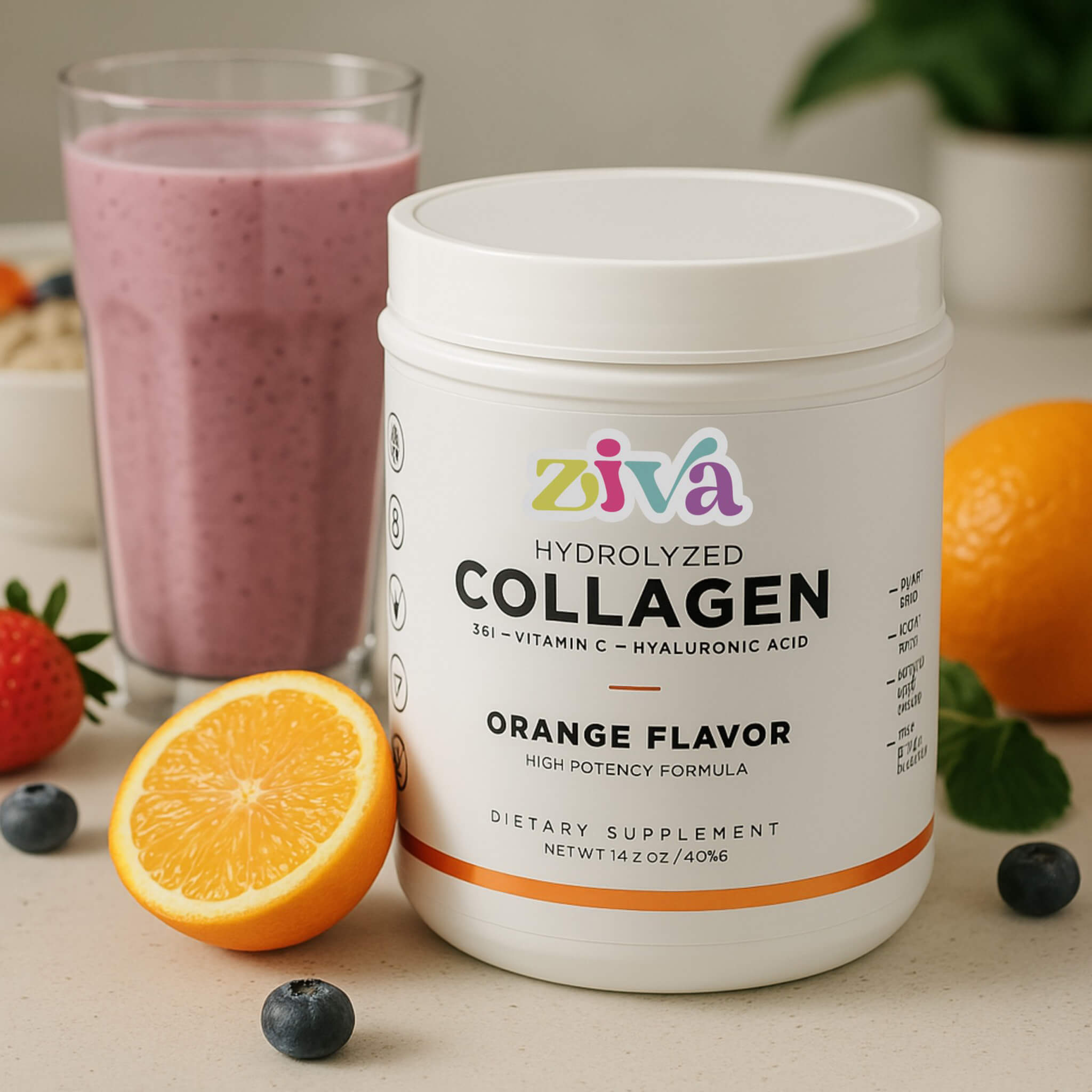 Image of Ziva Hydrolyzed Collagen – Orange Flavor | With Vitamin C & Hyaluronic Acid | High Potency | Dairy-Free, Gluten-Free