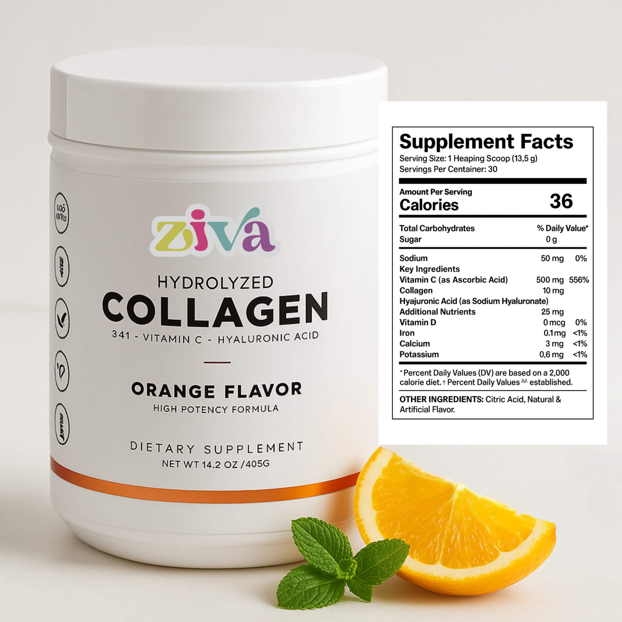 Image of Ziva Hydrolyzed Collagen – Orange Flavor | With Vitamin C & Hyaluronic Acid | High Potency | Dairy-Free, Gluten-Free