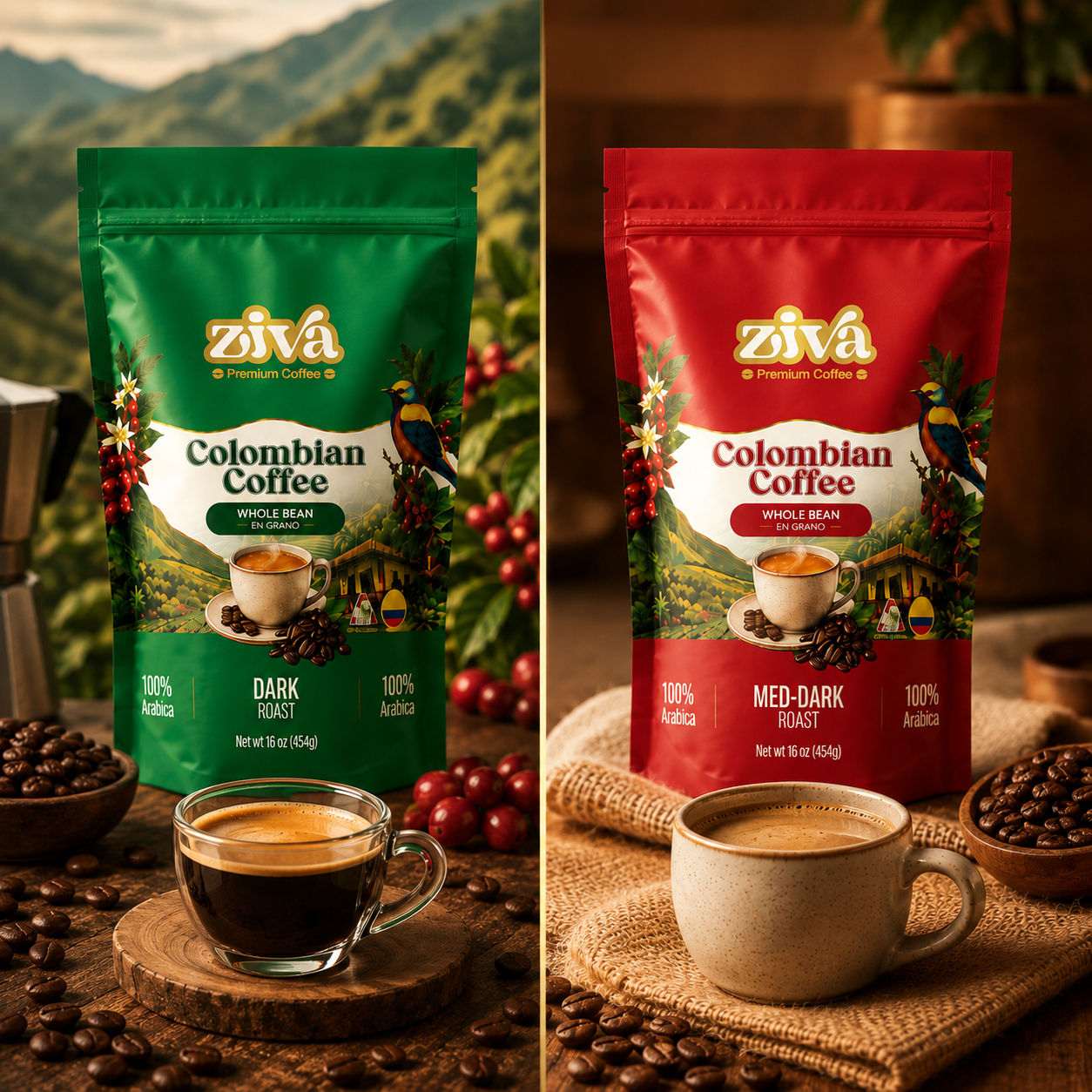 Image of Ziva Coffee Duo – 100% Colombian Whole Bean Coffee | Dark & Medium-Dark Roast | 2 x 16 oz