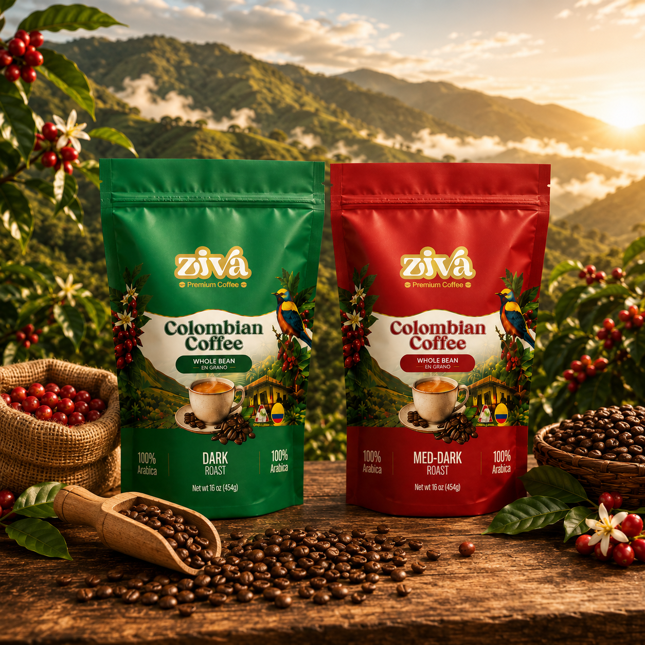 Image of Ziva Coffee Duo – 100% Colombian Whole Bean Coffee | Dark & Medium-Dark Roast | 2 x 16 oz