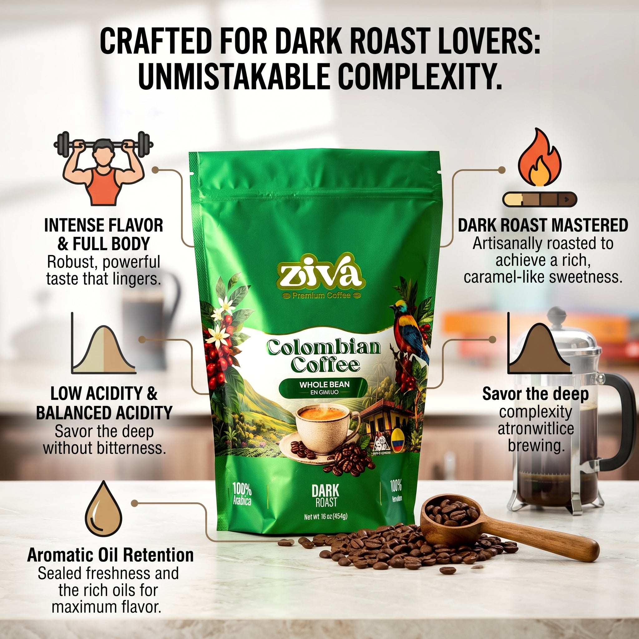 Image of Ziva coffee whole bean 1lb - Dark roast