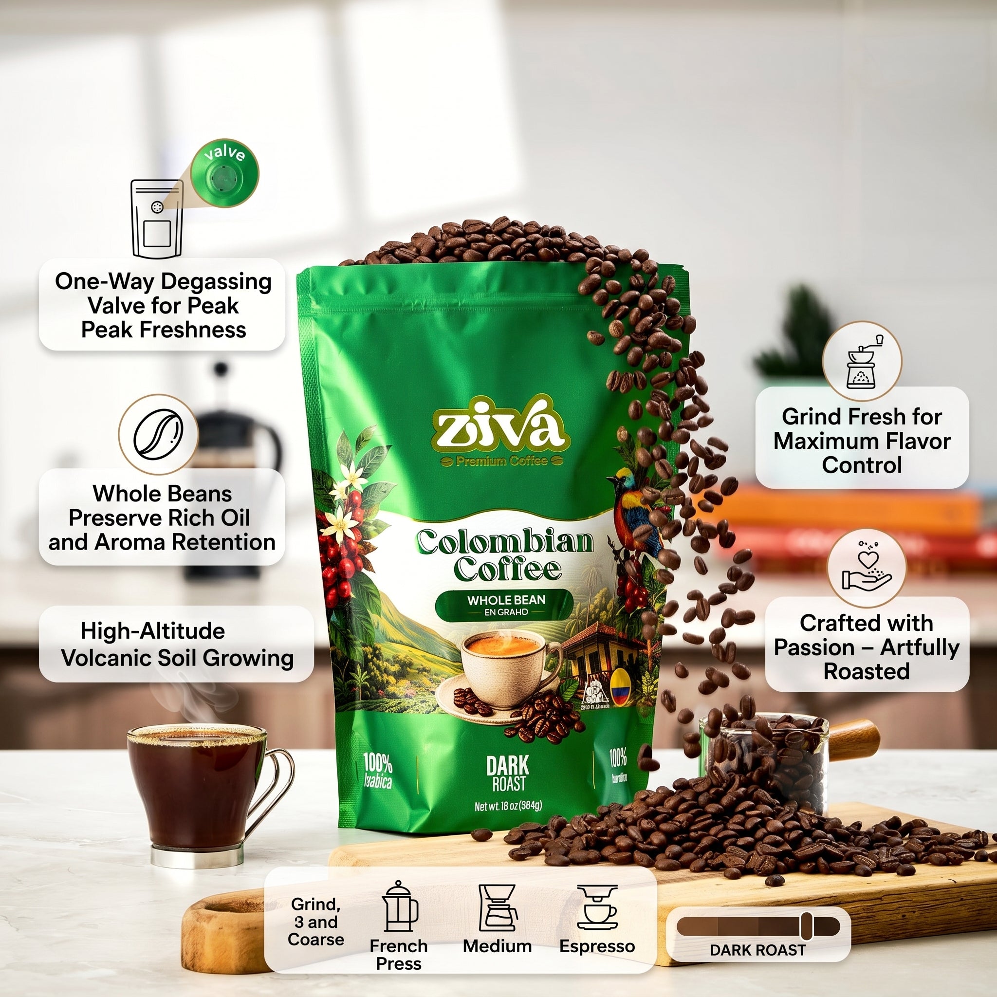 Image of Ziva coffee whole bean 1lb - Dark roast