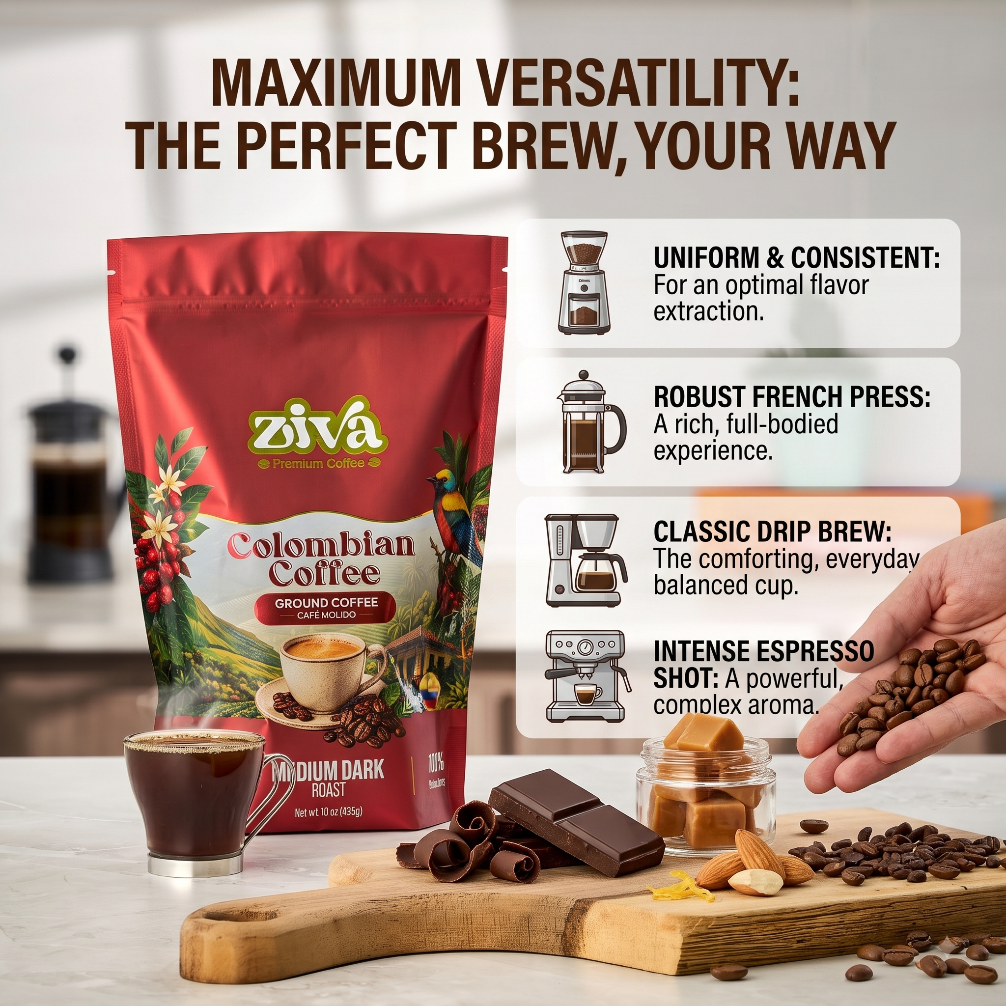 Image of Ziva coffee whole bean 1lb - Medium dark roast