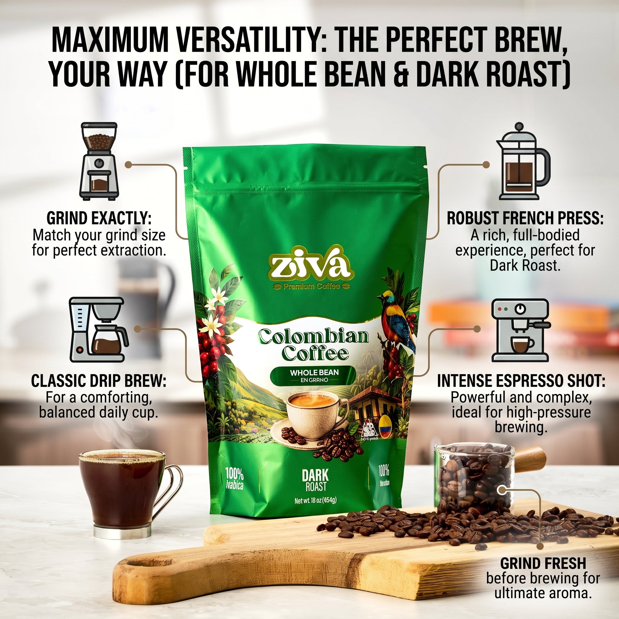 Image of Ziva coffee whole bean 1lb - Dark roast